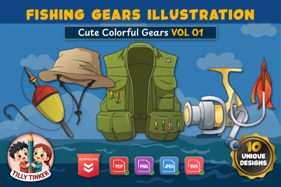 Cute Fishing Gears Illustrations Vol 01 Graphics