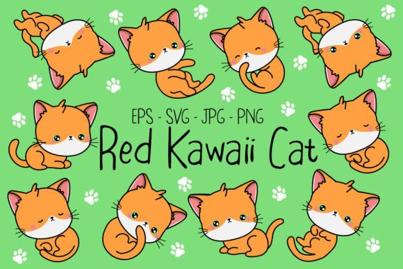 Cute Red Cat Kawaii Illustrations for Graphics & Digital Products